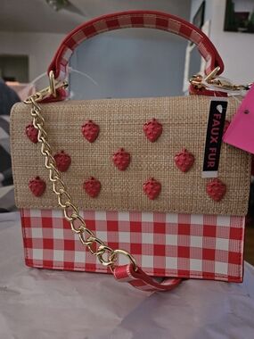 Betsey Johnson Red Gingham & Straw Strawberry Top-Handle Satchel